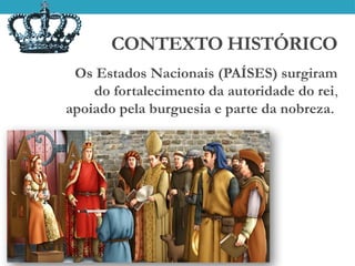CONTEXTO HISTÓRICO
Os Estados Nacionais (PAÍSES) surgiram
do fortalecimento da autoridade do rei,
apoiado pela burguesia e parte da nobreza.
 