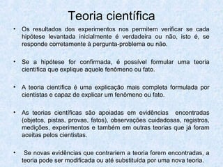 Teoria científica
• Os resultados dos experimentos nos permitem verificar se cada
hipótese levantada inicialmente é verdadeira ou não, isto é, se
responde corretamente à pergunta-problema ou não.
• Se a hipótese for confirmada, é possível formular uma teoria
científica que explique aquele fenômeno ou fato.
• A teoria científica é uma explicação mais completa formulada por
cientistas e capaz de explicar um fenômeno ou fato.
• As teorias científicas são apoiadas em evidências encontradas
(objetos, pistas, provas, fatos), observações cuidadosas, registros,
medições, experimentos e também em outras teorias que já foram
aceitas pelos cientistas.
• Se novas evidências que contrariem a teoria forem encontradas, a
teoria pode ser modificada ou até substituída por uma nova teoria.
 