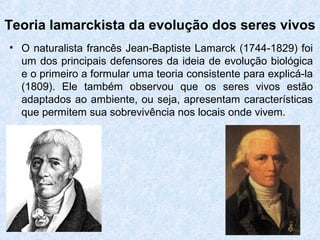 Teoria lamarckista da evolução dos seres vivos
• O naturalista francês Jean-Baptiste Lamarck (1744-1829) foi
um dos principais defensores da ideia de evolução biológica
e o primeiro a formular uma teoria consistente para explicá-la
(1809). Ele também observou que os seres vivos estão
adaptados ao ambiente, ou seja, apresentam características
que permitem sua sobrevivência nos locais onde vivem.
 