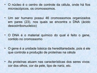 • O núcleo é o centro de controle da célula, onde há fios
microscópicos, os cromossomos.
• Um ser humano possui 46 cromossomos organizados
em pares (23), nos quais se encontra o DNA (ácido
desoxirribonucleico)
• O DNA é o material químico do qual é feito o gene,
contido no cromossomo
• O gene é a unidade básica da hereditariedade, pois é ele
que controla a produção de proteínas na célula
• As proteínas atuam nas características dos seres vivos:
cor dos olhos, cor da pele, tipo de nariz, etc.
 