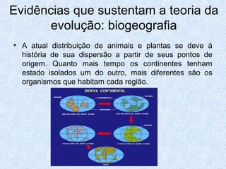 • A atual distribuição de animais e plantas se deve à
história de sua dispersão a partir de seus pontos de
origem. Quanto mais tempo os continentes tenham
estado isolados um do outro, mais diferentes são os
organismos que habitam cada região.
Evidências que sustentam a teoria da
evolução: biogeografia
 
