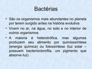 Bactérias
• São os organismos mais abundantes no planeta
por terem surgido antes na história evolutiva
• Vivem no ar, na água, no solo e no interior de
outros organismos
• A maioria é heterotrófica, mas algumas
produzem seu alimento por quimiossíntese
(energia química) ou fotossíntese (luz solar –
possuem bacterioclorofila, um pigmento que
absorve luz)
 