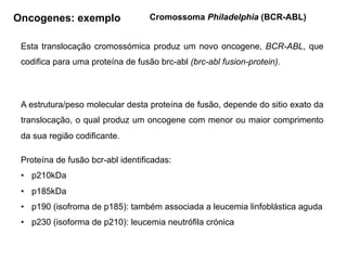 Esta translocação cromossómica produz um novo oncogene, BCR-ABL, que
codifica para uma proteína de fusão brc-abl (brc-abl fusion-protein).
A estrutura/peso molecular desta proteína de fusão, depende do sitio exato da
translocação, o qual produz um oncogene com menor ou maior comprimento
da sua região codificante.
Proteína de fusão bcr-abl identificadas:
• p210kDa
• p185kDa
• p190 (isofroma de p185): também associada a leucemia linfoblástica aguda
• p230 (isoforma de p210): leucemia neutrófila crónica
Cromossoma Philadelphia (BCR-ABL)
Oncogenes: exemplo
 