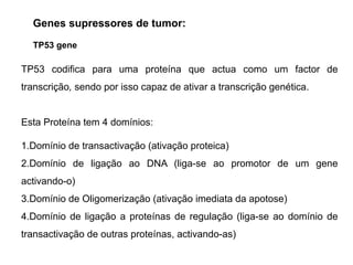 TP53 gene
TP53 codifica para uma proteína que actua como um factor de
transcrição, sendo por isso capaz de ativar a transcrição genética.
Esta Proteína tem 4 domínios:
1.Domínio de transactivação (ativação proteica)
2.Domínio de ligação ao DNA (liga-se ao promotor de um gene
activando-o)
3.Domínio de Oligomerização (ativação imediata da apotose)
4.Domínio de ligação a proteínas de regulação (liga-se ao domínio de
transactivação de outras proteínas, activando-as)
Genes supressores de tumor:
 