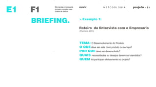 M E T O D O L O G I AouvirDemanda empresarial,
primeiro contato para
coleta de dados.F1
observaçoes
E1
BRIEFING. > Exemplo 1:
TEMA: O Desenvolvimento do Produto.
O QUE deve ser este novo produto ou serviço?
POR QUE deve ser desenvolvido?
QUAIS necessidades ou desejos devem ser atendidos?
QUEM irá participar efetivamente no projeto?
Roteiro da Entrevista com o Empresario
(Pazmino, 2013)
 