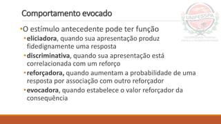 Comportamento evocado
•O estímulo antecedente pode ter função
•eliciadora, quando sua apresentação produz
fidedignamente uma resposta
•discriminativa, quando sua apresentação está
correlacionada com um reforço
•reforçadora, quando aumentam a probabilidade de uma
resposta por associação com outro reforçador
•evocadora, quando estabelece o valor reforçador da
consequência
 
