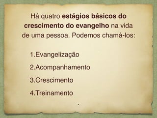 Há quatro estágios básicos do
crescimento do evangelho na vida
de uma pessoa. Podemos chamá-los:
1.Evangelização
2.Acompanhamento
3.Crescimento
4.Treinamento
.
 