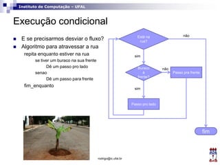 Instituto de Computação – UFAL
Execução condicional
 E se precisarmos desviar o fluxo?
 Algoritmo para atravessar a rua
repita enquanto estiver na rua
se tiver um buraco na sua frente
Dê um passo pro lado
senao
Dê um passo para frente
fim_enquanto
rodrigo@ic.ufal.br
Passo pro lado
Passo pra frente
Buraco
à
frente?
sim
Está na
rua?
sim
fim
não
não
 