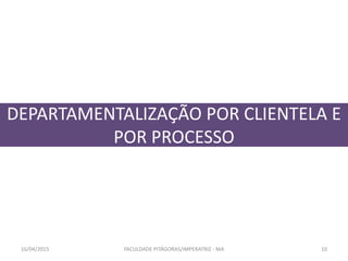 DEPARTAMENTALIZAÇÃO POR CLIENTELA E
POR PROCESSO
16/04/2015 FACULDADE PITÁGORAS/IMPERATRIZ - MA 10
 