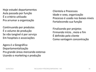 Hoje estudei departamentos
Aula passada por função
É o critério utilizado
Pra arrumar a organização
Continuando por produtos
É o volume de produção
Se não tangível é por serviço
Em hospitais e associações
Agora é a Geográfica
Departamentalização
Pra grande áreas mercando extenso
Usando o marketing e produção
16/04/2015 FACULDADE PITÁGORAS/IMPERATRIZ - MA 16
Clientela e Processos
Idade e sexo, organização
Processo é usado nos baixos níveis
Fortalecendo sua função
Finalizando por projetos
Firmando início , meio e fim
É definido pelo cliente
Como vantagem concentração
 