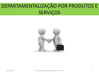 DEPARTAMENTALIZAÇÃO POR PRODUTOS E
SERVIÇOS
16/04/2015 FACULDADE PITÁGORAS/IMPERATRIZ - MA 3
 