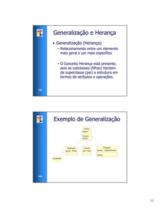 Generalização e Herança
      • Generalização (Herança)
          – Relacionamento entre um elemento
            mais geral e um mais específico

          – O Conceito Herança está presente,
            pois as subclasses (filhos) herdam
            da superclasse (pai) a estrutura em
            termos de atributos e operações.


UML




      Exemplo de Generalização
                                   Forma
                                 origem

                                 mover()
                                 exibir()




                  Retângulo        Círculo             Polígono
                 ponto : Ponto   raio : float   pontos : ListaDePontos

                                                exibir()
      Quadrado




UML




                                                                         13
 