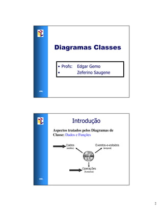Diagramas Classes

        • Profs:    Edgar Gemo
        •           Zeferino Saugene



UML




                 Introdução
      Aspectos tratados pelos Diagramas de
      Classe: Dados e Funções




UML




                                             2
 