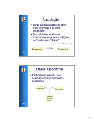 Associação
      • Surge da necessidade de obter
        mais informação de uma
        associação.
      • Normalmente, as classes
        associativas surgem nas relações
        de “Muitos para Muitos”
                                                 rótulo da associação


                           emprega
       Companhia                             Funcionário
UML




           Classe Associativa
      • É introduzida quando uma
        associação tem propriedades
        associadas

                       *           1..*
           Companhia                      Empregado



                           Trabalho
                           descrição
                           salário

UML




                                                                        9
 