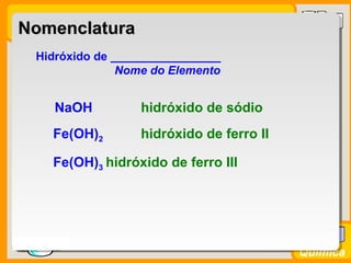 Prof. BusatoProf. Busato
Química
NomenclaturaNomenclatura
Hidróxido de _________________
Nome do Elemento
NaOH hidróxido de sódio
Fe(OH)2 hidróxido de ferro II
Fe(OH)3 hidróxido de ferro III
 