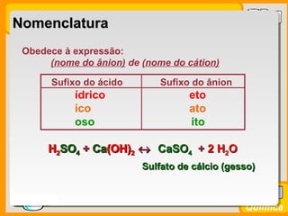 Prof. BusatoProf. Busato
Química
Obedece à expressão:
(nome do ânion) de (nome do cátion)
NomenclaturaNomenclatura
Sufixo do ácido Sufixo do ânion
ídrico eto
ico ato
oso ito
HH22SOSO44 + Ca(OH)+ Ca(OH)22 ↔↔ ++ 22 HH22OOHH22SOSO44 + Ca+ Ca(OH)(OH)22 ↔↔ CaSOCaSO44HH22SOSO44 ++ CaCa(OH)(OH)22 ↔↔
Sulfato de cálcio (gesso)Sulfato de cálcio (gesso)
 