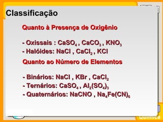 Prof. BusatoProf. Busato
Química
ClassificaçãoClassificação
Quanto à Presença de OxigênioQuanto à Presença de Oxigênio
- Oxissais : CaSO- Oxissais : CaSO44 , CaCO, CaCO33 , KNO, KNO33
- Halóides: NaCl , CaCl- Halóides: NaCl , CaCl22 , KCl, KCl
Quanto ao Número de ElementosQuanto ao Número de Elementos
- Binários: NaCl , KBr , CaCl- Binários: NaCl , KBr , CaCl22
- Ternários: CaSO- Ternários: CaSO44 , Al, Al22(SO(SO44))33
- Quaternários: NaCNO , Na- Quaternários: NaCNO , Na44Fe(CN)Fe(CN)66
 