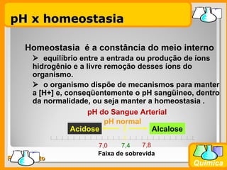 Prof. BusatoProf. Busato
Química
Homeostasia é a constância do meio interno
pH x homeostasiapH x homeostasia
 equilíbrio entre a entrada ou produção de íons
hidrogênio e a livre remoção desses íons do
organismo.
 o organismo dispõe de mecanismos para manter
a [H+] e, conseqüentemente o pH sangüineo, dentro
da normalidade, ou seja manter a homeostasia .
pH do Sangue Arterial
7,47,0 7,8
Faixa de sobrevida
Acidose Alcalose
pH normal
 