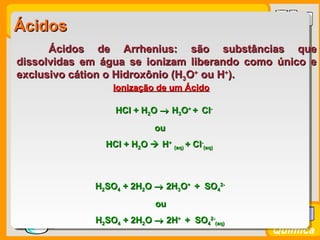 Prof. BusatoProf. Busato
Química
ÁcidosÁcidos
Ácidos de Arrhenius: são substâncias queÁcidos de Arrhenius: são substâncias que
dissolvidas em água se ionizam liberando como único edissolvidas em água se ionizam liberando como único e
exclusivo cátion o Hidroxônio (Hexclusivo cátion o Hidroxônio (H33OO++
ou Hou H++
).).
Ionização de um ÁcidoIonização de um Ácido
HCl + HHCl + H22OO →→ HH33OO++
++ ClCl--
ouou
HCl + HHCl + H22OO  HH++
(aq)(aq) + Cl+ Cl--
(aq)(aq)
HH22SOSO44 + 2H+ 2H22OO →→ 2H2H33OO++
+ SO+ SO44
2-2-
ouou
HH22SOSO44 + 2H+ 2H22OO →→ 2H2H++
+ SO+ SO44
2-2-
(aq)(aq)
 