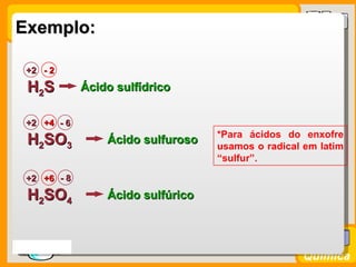 Exemplo:

  +2 - 2

   H 2S        Ácido sulfídrico

  +2 +4 - 6
                                     *Para ácidos do enxofre
   H2SO3           Ácido sulfuroso
                                     usamos o radical em latim
                                     “sulfur”.

  +2 +6 - 8

   H2SO4           Ácido sulfúrico



Prof. Busato
                                                      Química
 