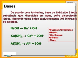 Bases
      De acordo com Arrhenius, base ou hidróxido é toda
substância que, dissolvida em água, sofre dissociação
iônica, liberando como ânion exclusivamente OH- (hidroxila
ou oxidrila).

       NaOH → Na+ + OH-             Possuem OH- (direita);
                                    Metais;
                                    Lig. Iônicas;
       Ca(OH)2 → Ca2+ + 2OH-        Sólidas;
                                    Fixas.
       Al(OH)3 → Al3+ + 3OH-


Prof. Busato
                                                    Química
 