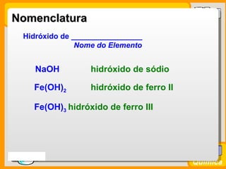 Nomenclatura
    Hidróxido de _________________
                  Nome do Elemento


        NaOH          hidróxido de sódio

        Fe(OH)2       hidróxido de ferro II

        Fe(OH)3 hidróxido de ferro III




Prof. Busato
                                              Química
 