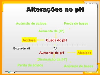 Alterações no pH

         Acúmulo de ácidos               Perda de bases

                         Aumento da [H+]

               Acidose        Queda do pH

       Escala de pH               7,4
                          Aumento do pH         Alcalose

                         Diminuição da [H+]
          Perda de ácidos                Acúmulo de bases
Prof. Busato
                                                     Química
 