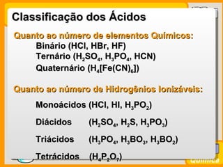 Classificação dos Ácidos
 Quanto ao número de elementos Químicos:
     Binário (HCl, HBr, HF)
     Ternário (H2SO4, H3PO4, HCN)
     Quaternário (H4[Fe(CN)6])

 Quanto ao número de Hidrogênios Ionizáveis:
       Monoácidos (HCl, HI, H3PO2)
       Diácidos       (H2SO4, H2S, H3PO3)
       Triácidos      (H3PO4, H3BO3, H3BO2)
         Tetrácidos
Prof. Busato          (H4P2O7)                Química
 