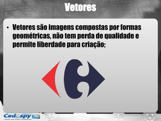 • Vetores são imagens compostas por formas
  geométricas, não tem perda de qualidade e
  permite liberdade para criação;
 