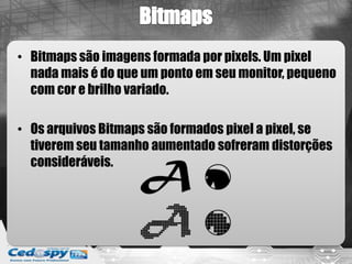• Bitmaps são imagens formada por pixels. Um pixel
  nada mais é do que um ponto em seu monitor, pequeno
  com cor e brilho variado.

• Os arquivos Bitmaps são formados pixel a pixel, se
  tiverem seu tamanho aumentado sofreram distorções
  consideráveis.
 