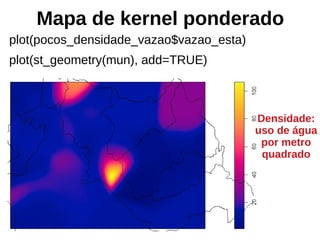 Mapa de kernel ponderado
plot(pocos_densidade_vazao$vazao_esta)
plot(st_geometry(mun), add=TRUE)
Densidade:
uso de água
por metro
quadrado
 
