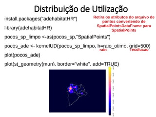 install.packages("adehabitatHR")
library(adehabitatHR)
pocos_sp_limpo <-as(pocos_sp,"SpatialPoints")
pocos_ade <- kernelUD(pocos_sp_limpo, h=raio_otimo, grid=500)
plot(pocos_ade)
plot(st_geometry(mun), border="white", add=TRUE)
raio resolucao
Distribuição de Utilização
Retira os atributos do arquivo de
pontos convertendo de
SpatialPointsDataFrame para
SpatialPoints
 