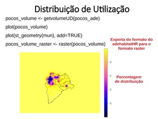 pocos_volume <- getvolumeUD(pocos_ade)
plot(pocos_volume)
plot(st_geometry(mun), add=TRUE)
pocos_volume_raster <- raster(pocos_volume)
Distribuição de Utilização
Porcentagem
de distribuição
Exporta do formato do
adehabitatHR para o
formato raster
 
