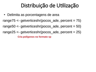 ●
Delimita as porcentagens de area
range75 <- getverticeshr(pocos_ade, percent = 75)
range50 <- getverticeshr(pocos_ade, percent = 50)
range25 <- getverticeshr(pocos_ade, percent = 25)
Distribuição de Utilização
Cria polígonos no formato sp
 