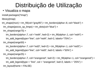 Distribuição de Utilização
●
Visualiza o mapa
install.packages("tmap")
library(tmap)
tm_shape(mun) + tm_fill(col="gray95") + tm_borders(alpha=.8, col="black") +
tm_shape(pocos_sp_limpo) + tm_dots(col="blue") +
tm_shape(range75) +
tm_borders(alpha=.7, col ="red4", lwd=2) + tm_fill(alpha=.1, col="red4") +
tm_add_legend(type="line", col="red4", lwd=2, labels="75%") +
tm_shape(range50) +
tm_borders(alpha=.7, col="red3", lwd=2) + tm_fill(alpha=.1, col="red3") +
tm_add_legend(type="line", col="red3", lwd=2, labels ="50%") +
tm_shape(range25) +
tm_borders(alpha=.7, col="orangered", lwd=2) + tm_fill(alpha=.1, col="orangered") +
tm_add_legend(type = "line", col = "orangered", lwd=2, labels = "25%") +
tm_layout(frame = FALSE)
 