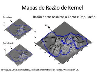Mapas de Razão de Kernel
Razão entre Assaltos a Carro e População
LEVINE, N. 2013. CrimeStat IV. The National Institute of Justice. Washington DC.
Assaltos
População
 