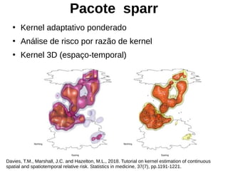 Pacote sparr
●
Kernel adaptativo ponderado
●
Análise de risco por razão de kernel
●
Kernel 3D (espaço-temporal)
Davies, T.M., Marshall, J.C. and Hazelton, M.L., 2018. Tutorial on kernel estimation of continuous
spatial and spatiotemporal relative risk. Statistics in medicine, 37(7), pp.1191-1221.
 