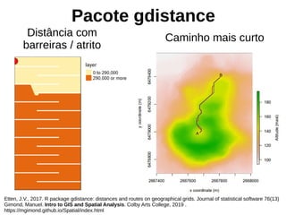Pacote gdistance
Etten, J.V., 2017. R package gdistance: distances and routes on geographical grids. Journal of statistical software 76(13)
Gimond, Manuel. Intro to GIS and Spatial Analysis. Colby Arts College, 2019 .
https://mgimond.github.io/Spatial/index.html
Distância com
barreiras / atrito
Caminho mais curto
 