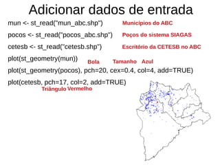 Adicionar dados de entrada
mun <- st_read("mun_abc.shp")
pocos <- st_read("pocos_abc.shp")
cetesb <- st_read("cetesb.shp")
plot(st_geometry(mun))
plot(st_geometry(pocos), pch=20, cex=0.4, col=4, add=TRUE)
plot(cetesb, pch=17, col=2, add=TRUE)
Poços do sistema SIAGAS
Escritório da CETESB no ABC
Municípios do ABC
Poços do sistema SIAGAS
Escritório da CETESB no ABC
Municípios do ABC
Bola Tamanho Azul
Triângulo Vermelho
 