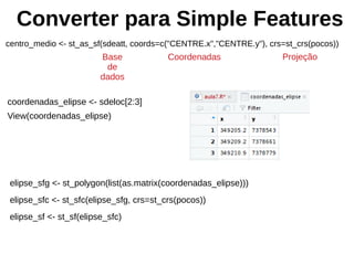 Converter para Simple Features
centro_medio <- st_as_sf(sdeatt, coords=c("CENTRE.x","CENTRE.y"), crs=st_crs(pocos))
Base
de
dados
Coordenadas Projeção
coordenadas_elipse <- sdeloc[2:3]
View(coordenadas_elipse)
elipse_sfg <- st_polygon(list(as.matrix(coordenadas_elipse)))
elipse_sfc <- st_sfc(elipse_sfg, crs=st_crs(pocos))
elipse_sf <- st_sf(elipse_sfc)
 