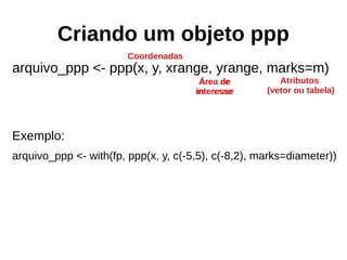 Criando um objeto ppp
arquivo_ppp <- ppp(x, y, xrange, yrange, marks=m)
Exemplo:
arquivo_ppp <- with(fp, ppp(x, y, c(-5,5), c(-8,2), marks=diameter))
Coordenadas
Atributos
(vetor ou tabela)
Área de
interesse
Área de
interesse
 