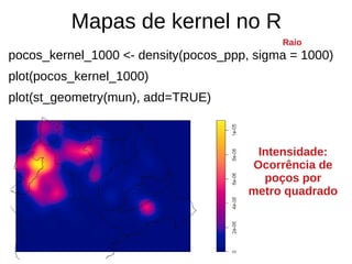 Mapas de kernel no R
pocos_kernel_1000 <- density(pocos_ppp, sigma = 1000)
plot(pocos_kernel_1000)
plot(st_geometry(mun), add=TRUE)
Raio
Intensidade:
Ocorrência de
poços por
metro quadrado
 
