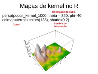 Mapas de kernel no R
persp(pocos_kernel_1000, theta = 320, phi=40,
colmap=terrain.colors(128), shade=0.2)
Orientação do cubo
Cores Sombra de
iluminação
 