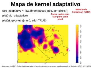 Mapa de kernel adaptativo
raio_adaptativo <- bw.abram(pocos_ppp, at="pixels")
plot(raio_adaptativo)
plot(st_geometry(mun), add=TRUE)
Abramson, I. (1982) On bandwidth variation in kernel estimates — a square root law. Annals of Statistics, 10(4), 1217-1223
Método de
Abramson (1982)
Fazer raster com
raio para cada
pixel
 