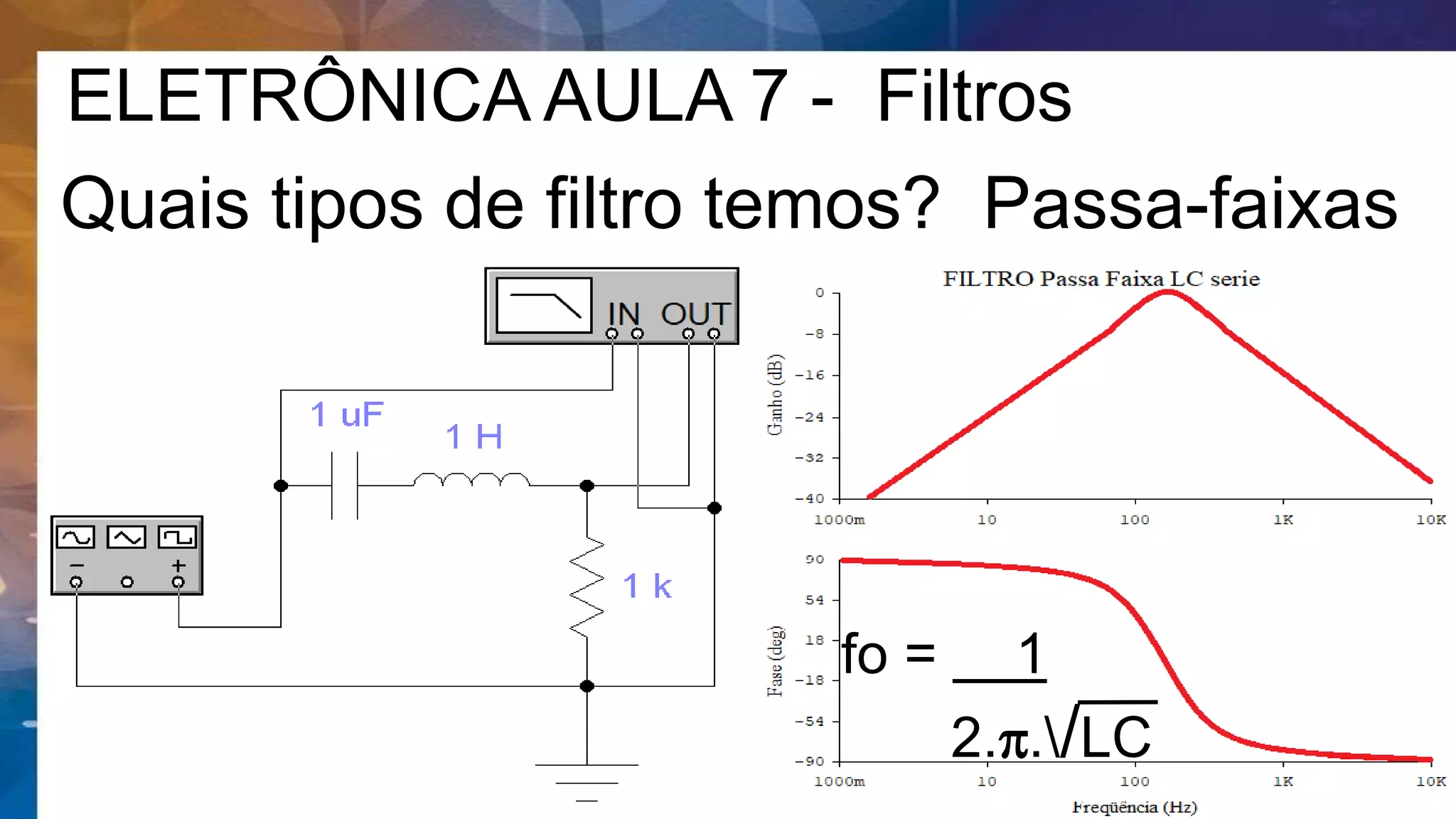 ELETRÔNICA AULA 7 - Filtros
Quais tipos de filtro temos? Passa-faixas
fo = 1
2.p./LC
 