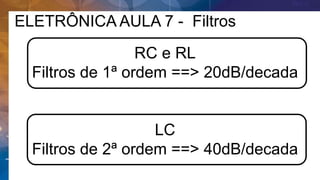 ELETRÔNICA AULA 7 - Filtros
RC e RL
Filtros de 1ª ordem ==> 20dB/decada
LC
Filtros de 2ª ordem ==> 40dB/decada
 