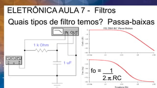 ELETRÔNICA AULA 7 - Filtros
Quais tipos de filtro temos? Passa-baixas
fo = 1
2.p.RC
 