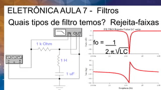 ELETRÔNICA AULA 7 - Filtros
Quais tipos de filtro temos? Rejeita-faixas
fo = 1
2.p./LC
 