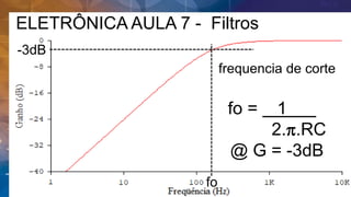 ELETRÔNICA AULA 7 - Filtros
frequencia de corte
fo = 1 .
2.p.RC
@ G = -3dB
fo
-3dB
 