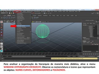 Para analisar a organização da hierarquia de maneira mais didática, ative o menu
WINDOW-HYPERGRAPH:HIERARCHY. Observe as nomenclatura e ícones que representam
os objetos: NURBS CURVES, DEFORMADORES e POLÍGONOS.
 